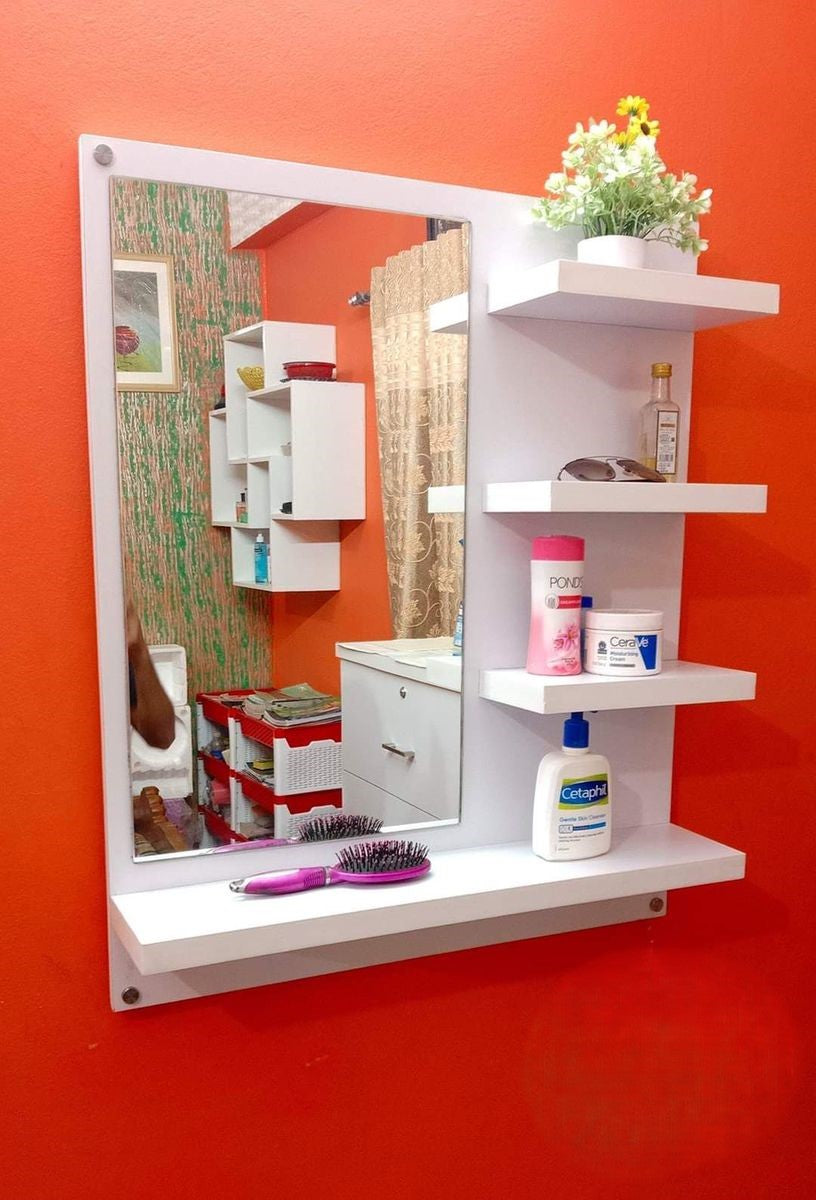 "Modern Wall Vanity Mirror with Storage Shelves"