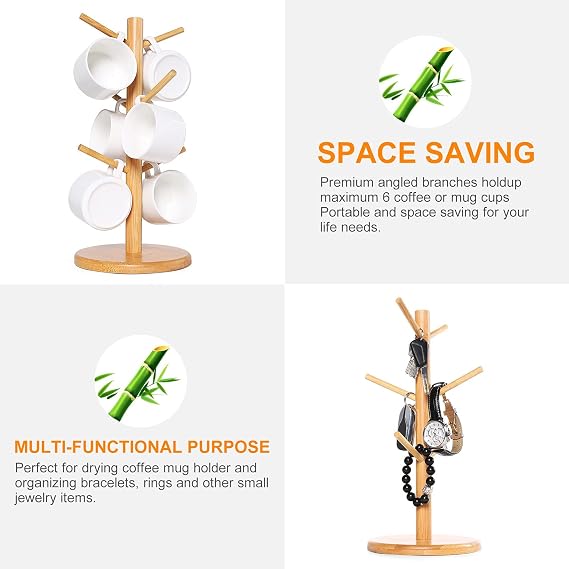 "Bamboo Mug Tree & Cup Holder Stand"