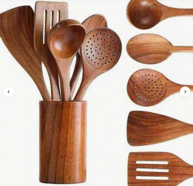 "Wooden Kitchen Utensil Set with Holder"