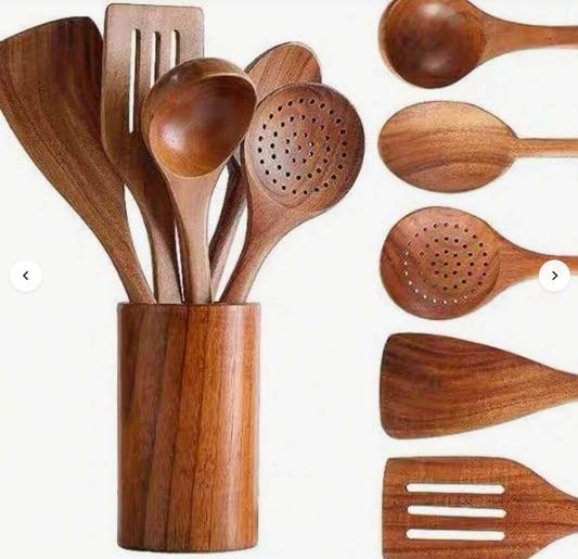 "Wooden Kitchen Utensil Set with Holder"